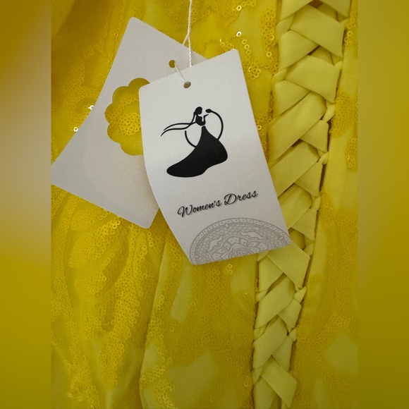 Sequin Yellow Formal Evening Gown With Balloon Sleeves - Picture 8 of 9